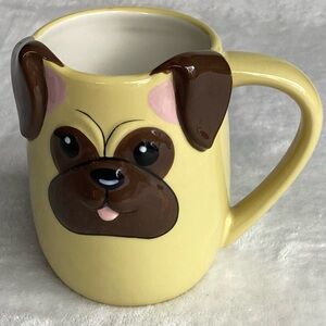 TAG Mug 3D Pug Dog Embossed Puppy Face Ceramic Coffee Tea Brown Yellow Pink Cup
